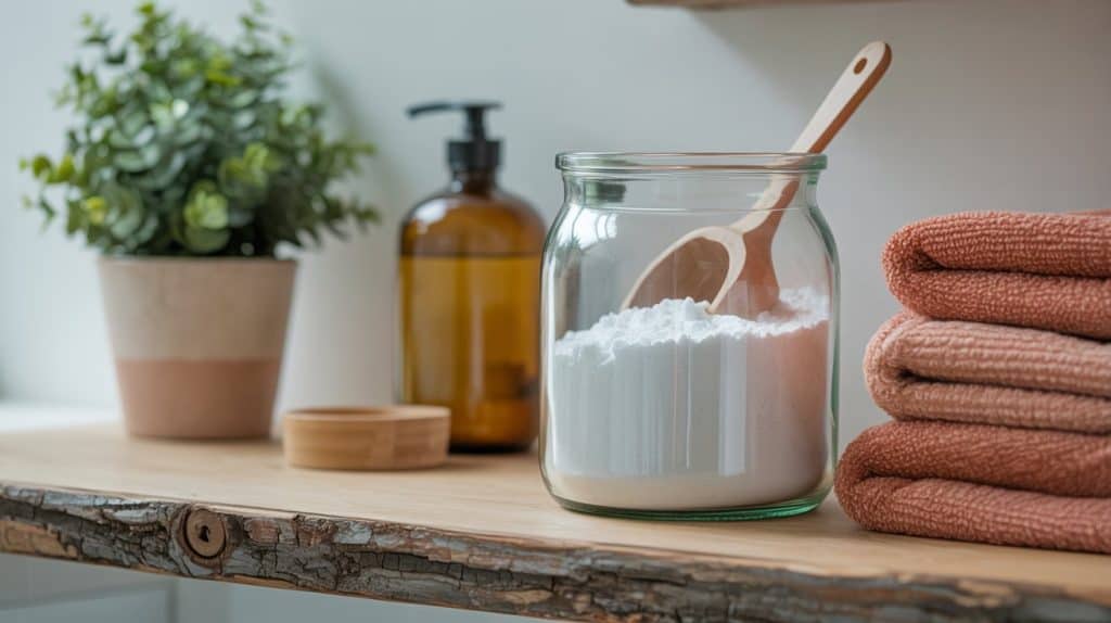 A glass jar of DIY laundry detergent with a wooden scoop sits on a rustic wooden shelf next to a brown soap dispenser, a potted plant, a small wooden container, and two folded orange towels.