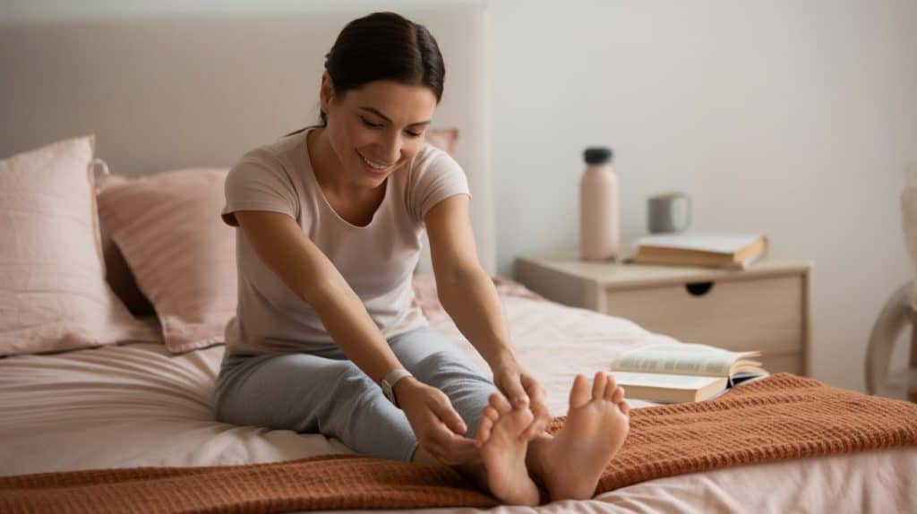 A woman sits on a bed, stretching forward to touch her toes and smiling—a peaceful moment of daily self care. The cozy bedroom features soft lighting, pillows, a book, and a water bottle on the nightstand.