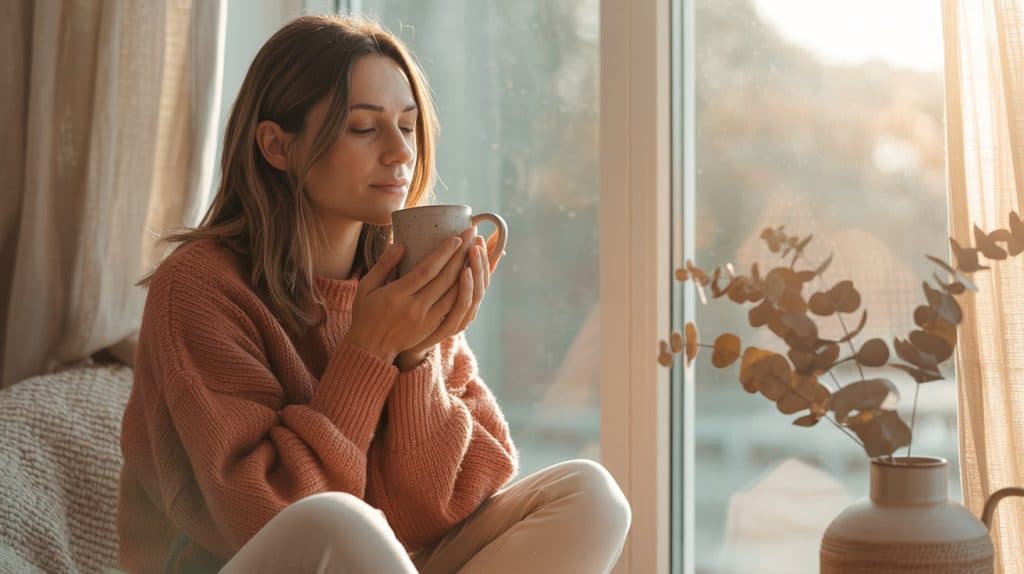 A woman in a cozy sweater sits by a window, eyes closed, holding a mug with both hands. Despite the soft sunlight and peaceful setting, she quietly reflects on her wellness roadblocks as a vase with dried branches rests on the nearby table.