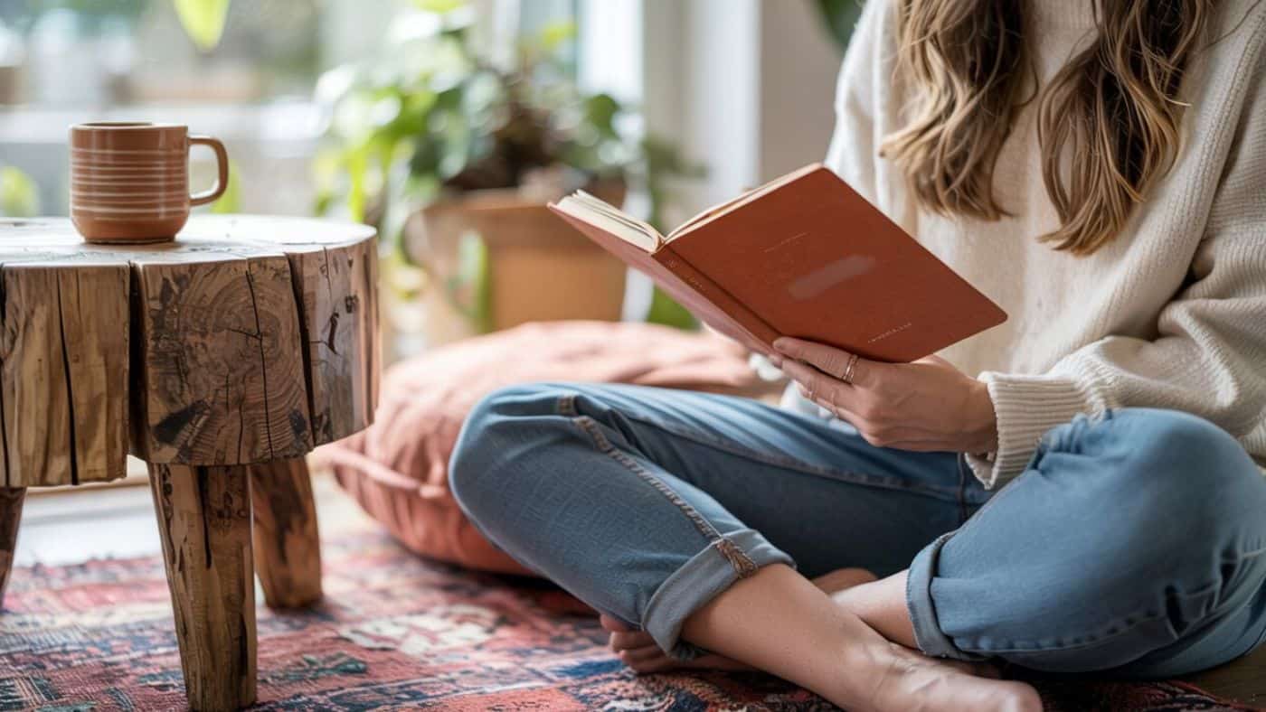 A woman sits cross-legged on a patterned rug, reading a book—a moment of sustainable simple living. She wears a cream sweater and blue jeans. Beside her is a wooden table with a striped mug. Sunlight streams in, with plants thriving in the background.