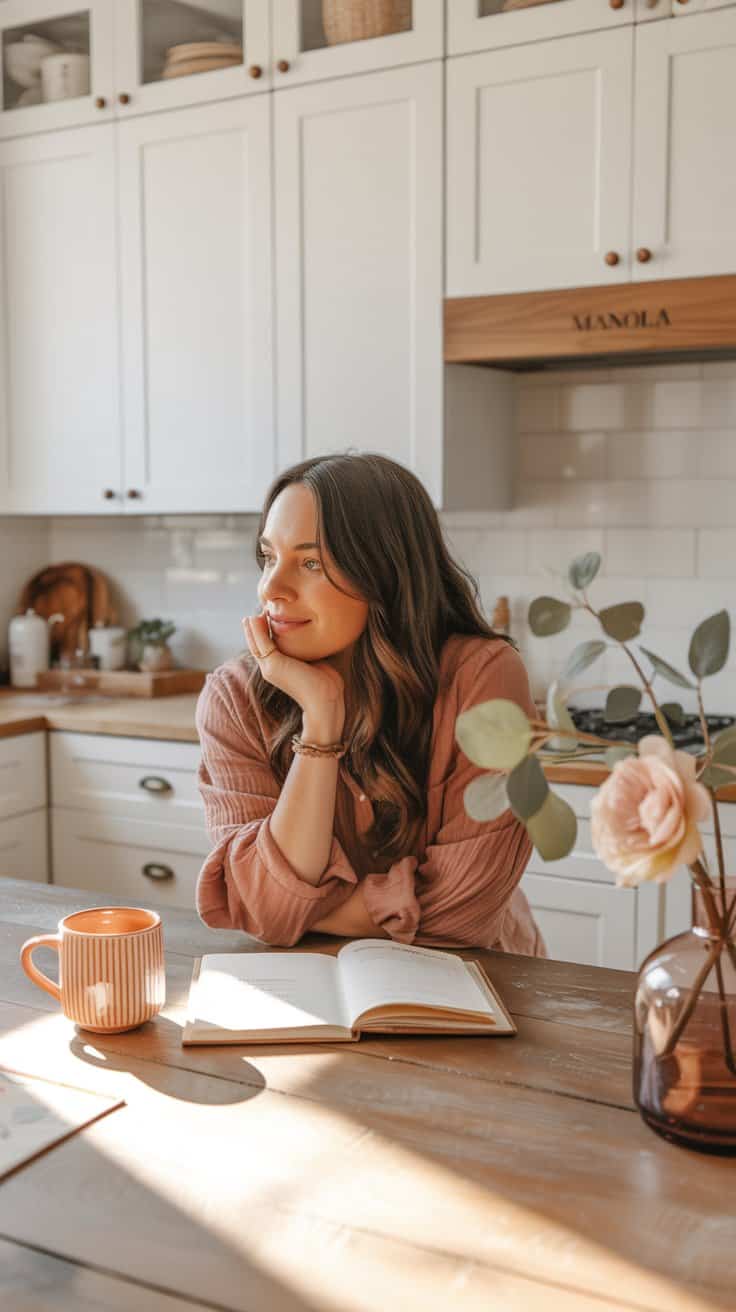 A woman with long brown hair sits at a kitchen table, smiling thoughtfully with her chin on her hand. An open notebook, a striped mug, and a vase with flowers are in front of her. The kitchen is bright and modern.