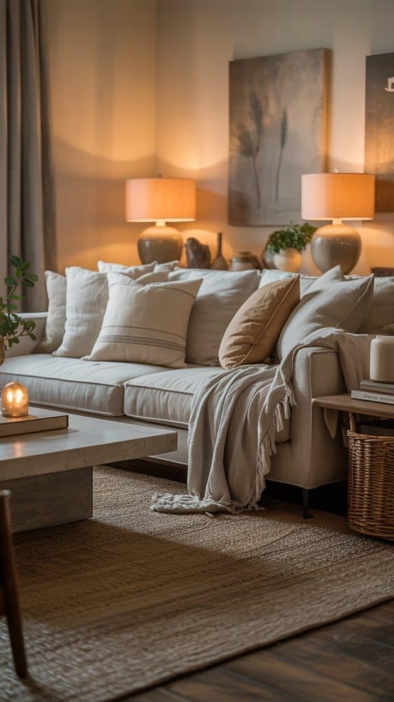A cozy living room designed for home relaxation, featuring a beige sofa with cushions and a throw blanket, a woven rug, wooden coffee table, two table lamps, potted plants, and softly lit wall art in a warm, inviting atmosphere.