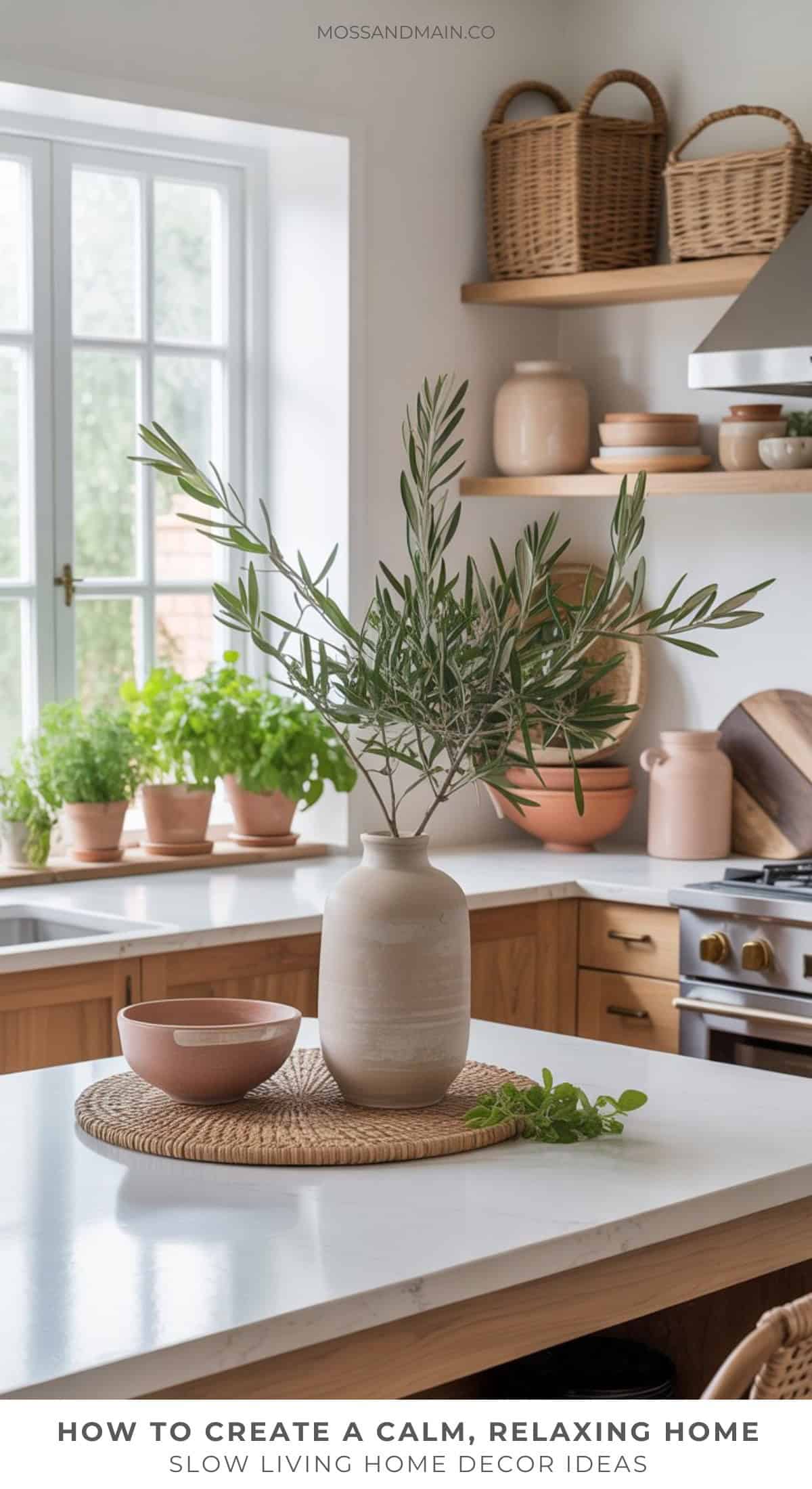 A bright, modern kitchen with a vase of greenery and a bowl on a woven mat. Sunlight streams through the window, while potted plants and baskets add warmth to white countertops and wooden shelves—a perfect example of slow living decor.