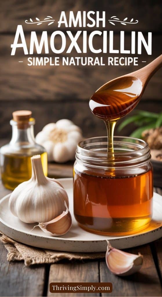 A jar of honey with a wooden spoon drizzling honey, surrounded by garlic bulbs and a bottle of oil, with the text Amish Amoxicillin Natural Remedy Simple Recipe above.