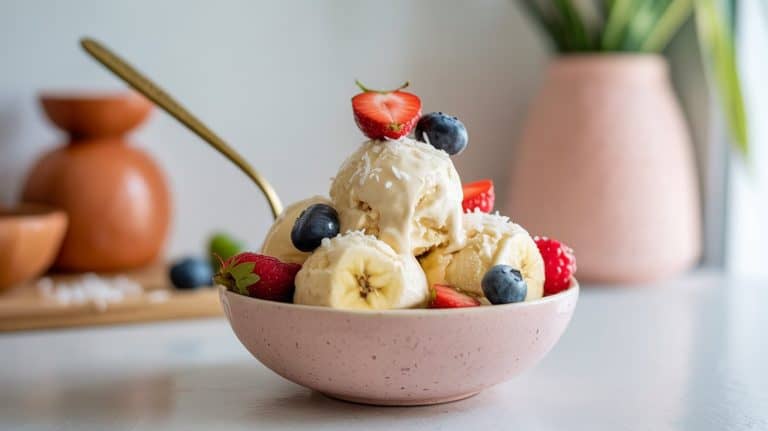 A pink bowl filled with Banana Nice Cream, topped with blueberries, strawberries, banana slices, and shredded coconut, sits on a white surface with a gold spoon and blurred pottery in the background—a creamy dessert delight.
