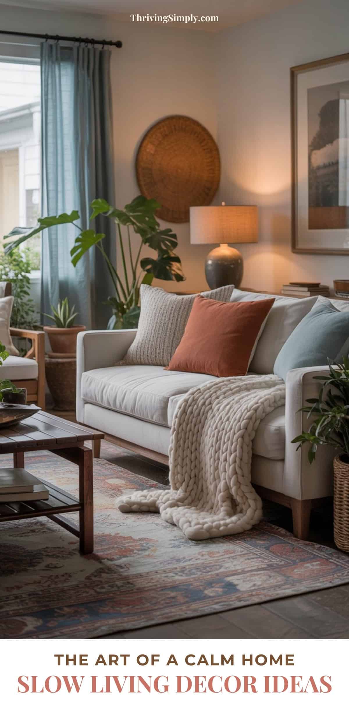 A cozy living room with a white sofa, rust and blush pillows, a chunky knit throw, wooden furniture, potted plants, warm lighting, woven wall art, and large windows letting in soft natural light—perfect for slow living decor.