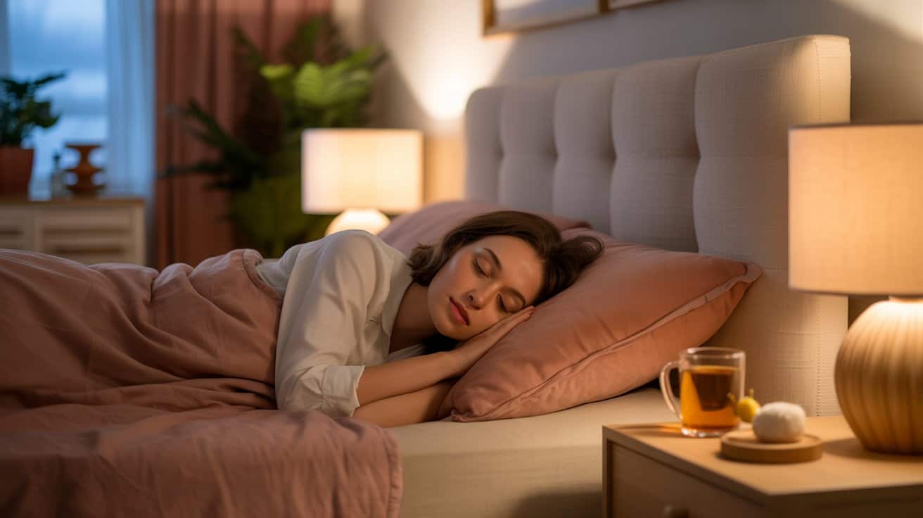 A woman enjoys better sleep, peacefully nestled under a pink blanket in a softly lit bedroom. A bedside table holds a cup of tea, a lemon slice, and a lamp. The room feels cozy with plants and warm lighting.