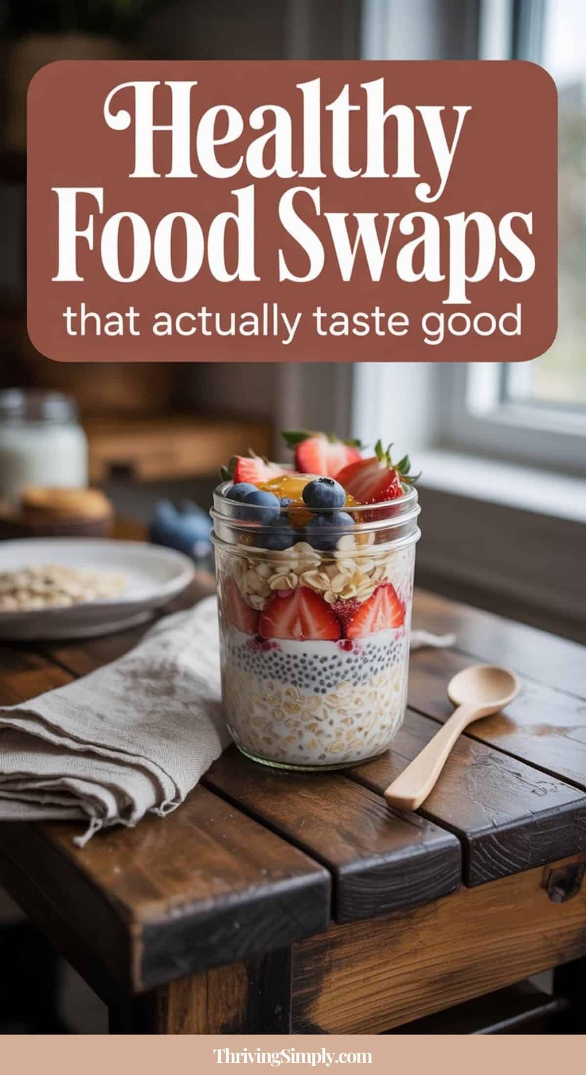 A mason jar filled with overnight oats, layered with strawberries, blueberries, and granola sits on a rustic wooden table next to a spoon and napkin. Text reads: Clean eating swaps that actually taste good.