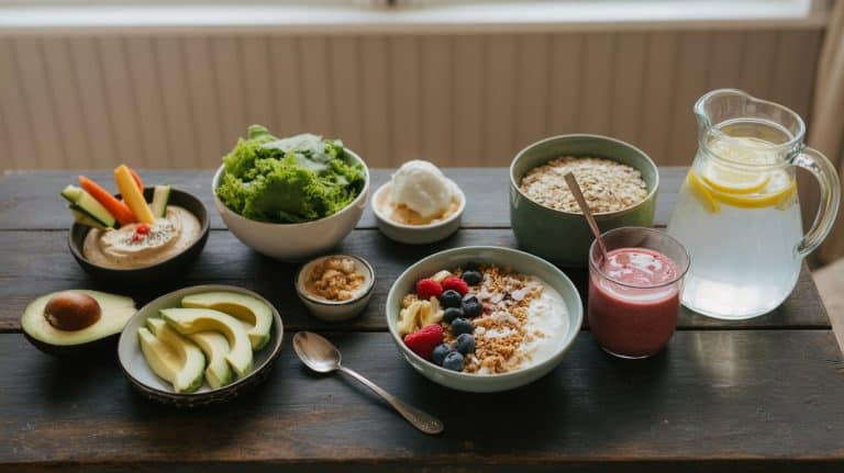 A wooden table set with a variety of healthy foods featuring clean eating swaps, including sliced avocado, fresh salad, hummus with vegetable sticks, yogurt with berries and granola, oatmeal, nuts, a pink smoothie, and a pitcher of lemon water.