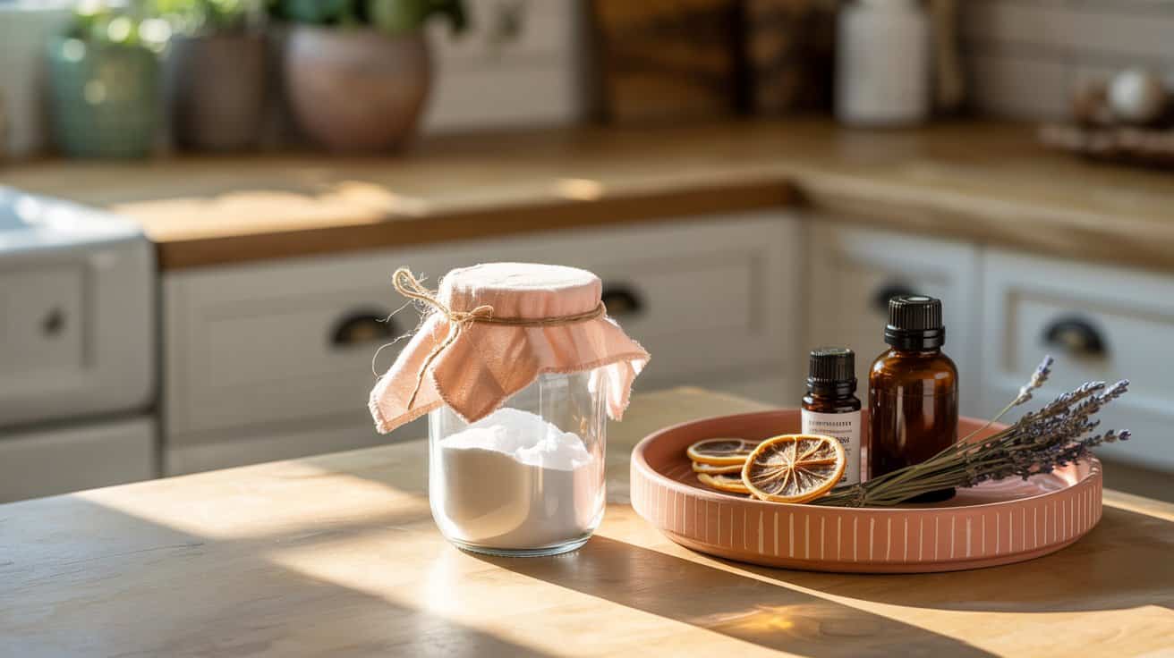 A glass jar covered with pink cloth and twine sits on a kitchen counter—a charming DIY air freshener. Nearby, a tray holds bottles, dried citrus slices, and lavender sprigs in the glow of a sunlit kitchen to naturally freshen your home.