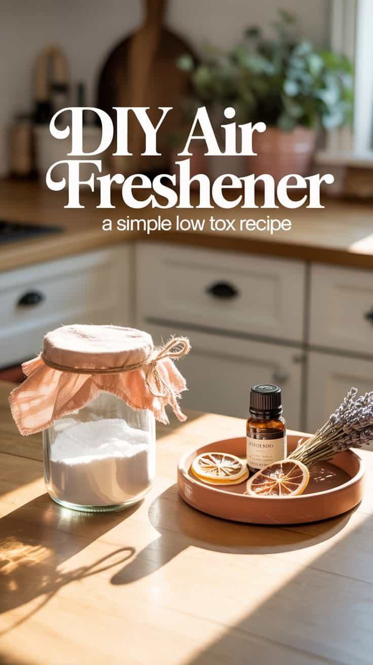 A jar covered with fabric, an essential oil bottle, dried orange slices, and lavender sit on a kitchen counter. Text reads, “DIY Air Freshener Jars: a simple low tox recipe to Freshen Your Home.” Sunlight streams onto the scene.