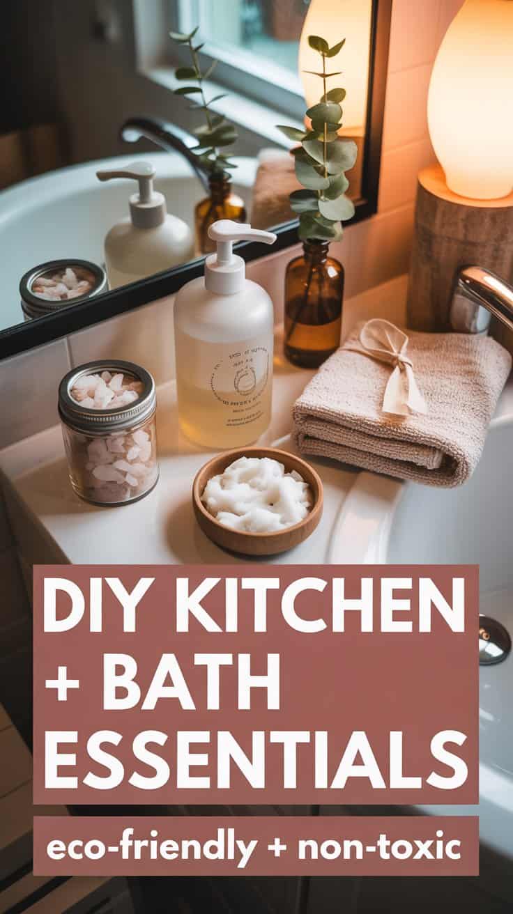 A bathroom sink with eco-friendly, non-toxic DIY kitchen and bath essentials—jars with wooden lids, a towel, soap dispenser, bowl of cream, greenery by a mirror. Text reads DIY Kitchen + Bath Essentials for your next easy DIY projects.