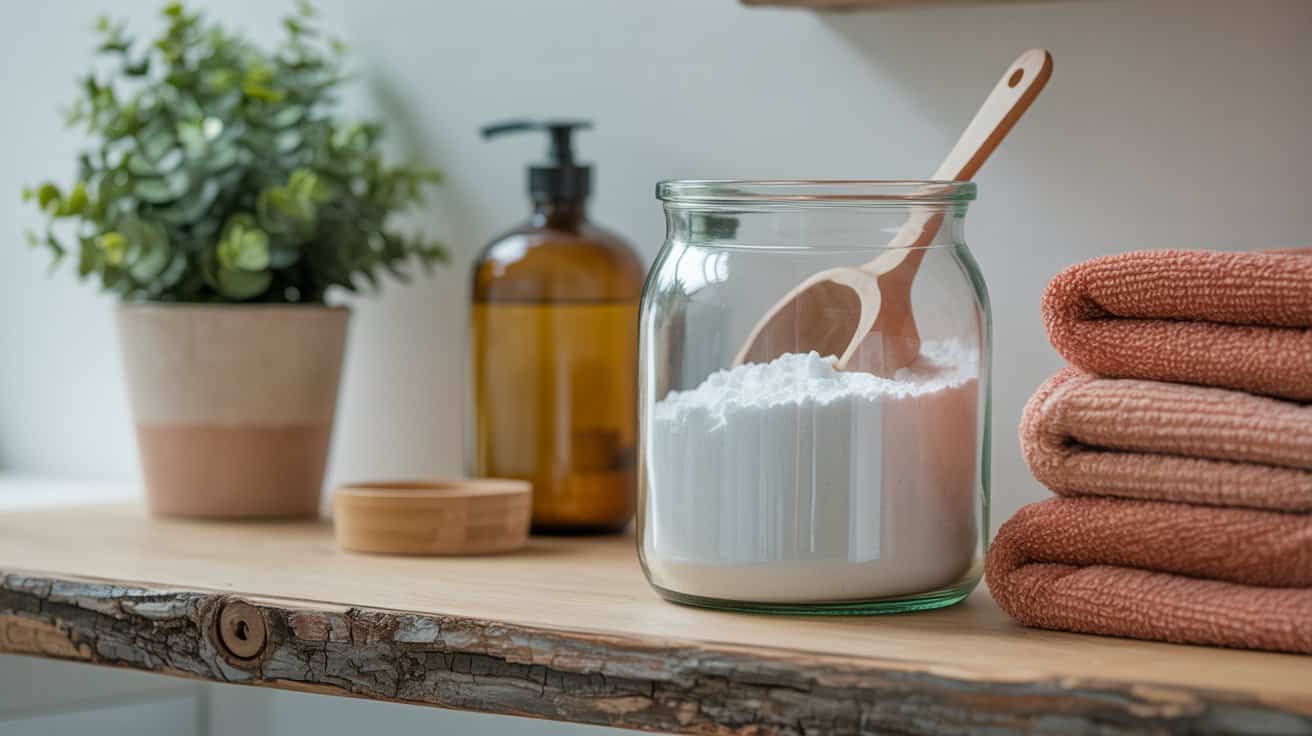 A glass jar of DIY laundry detergent with a wooden scoop sits on a rustic wooden shelf next to a brown soap dispenser, a potted plant, a small wooden container, and two folded orange towels.