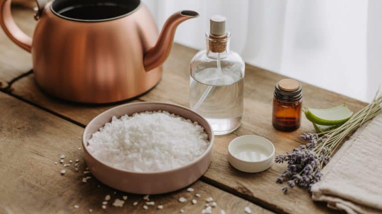 A bowl of coarse salt, a copper teapot, DIY Magnesium Spray in a glass bottle with a stopper, a small brown vial, a small bowl of liquid, sprigs of lavender, and a folded towel on a wooden table by a bright window.
