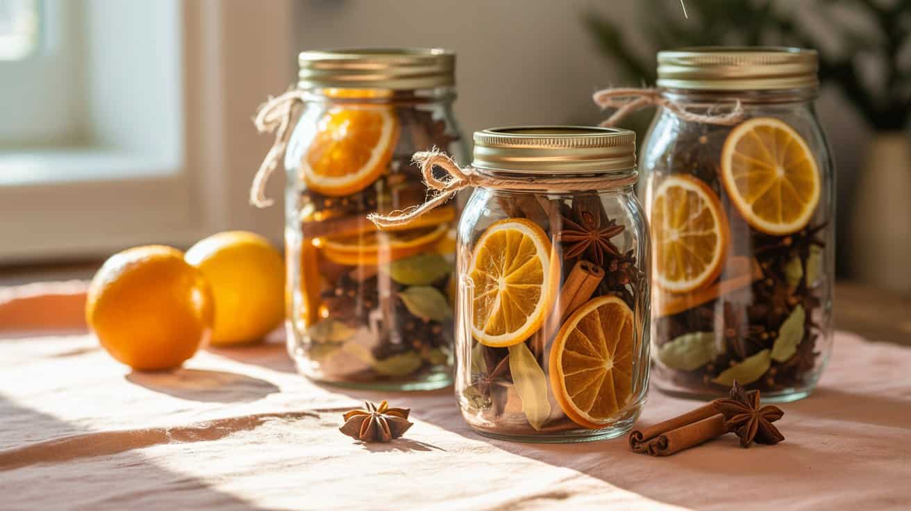 Three glass jars filled with dried orange slices, star anise, cinnamon sticks, and spices sit on a table with two whole oranges nearby—perfect as a handmade gift or for your favorite simmer pot recipe, all bathed in warm sunlight.
