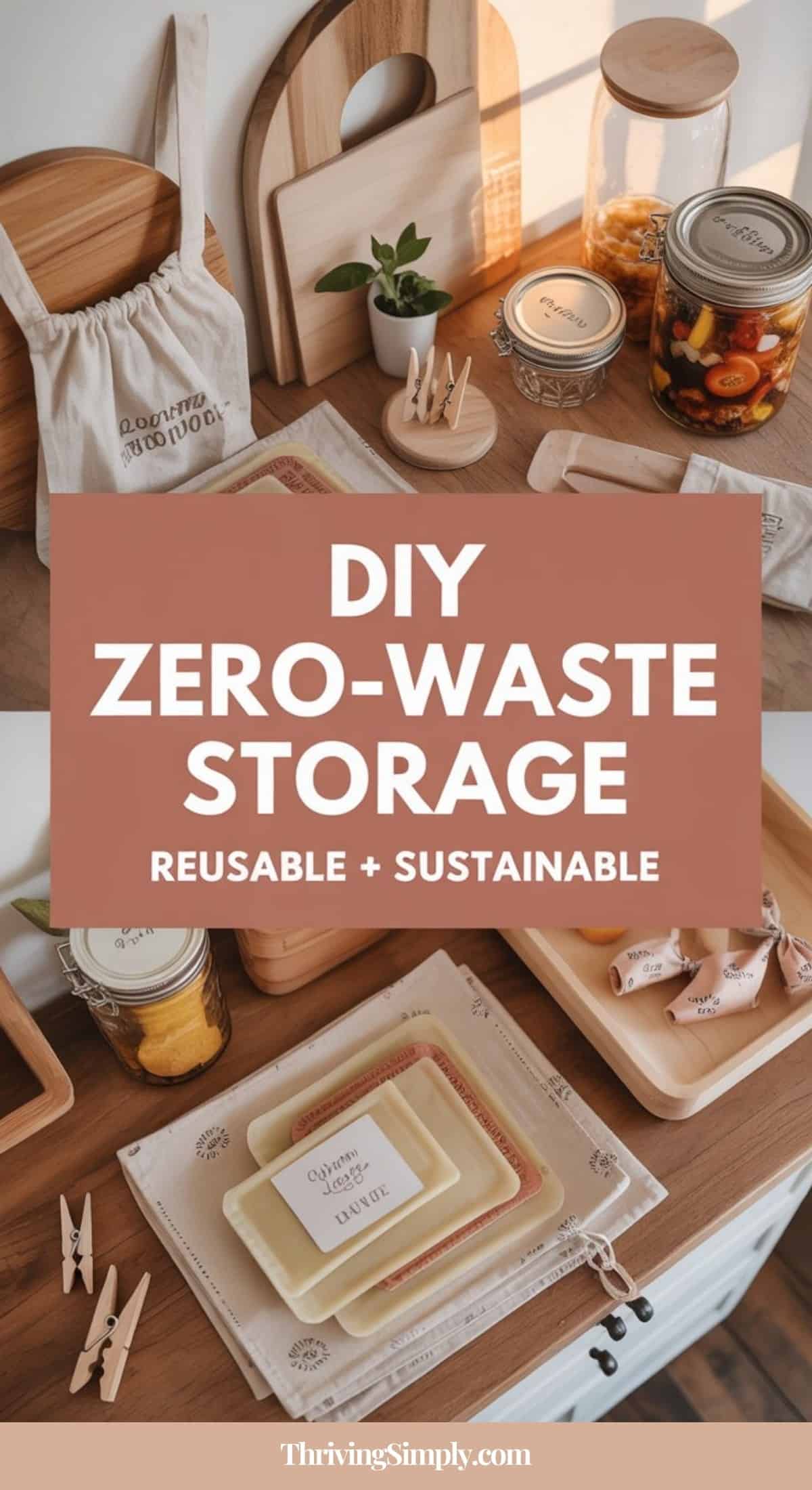An assortment of zero-waste kitchen storage items, perfect for DIY projects, including glass jars with food, wooden trays, cloth bags, utensils, and napkins on a wooden table with natural light. Text reads: DIY Zero-Waste Storage. Reusable + Sustainable.