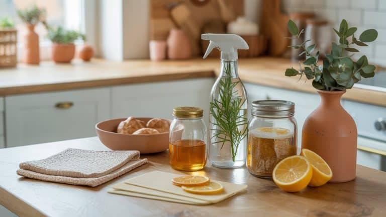 A kitchen counter displays a spray bottle with herbs, jars of honey and lemon, sliced lemons, a vase with greenery, folded towels, and a bowl of bread rolls—perfect inspiration for DIY projects—with sunlight streaming through the window.