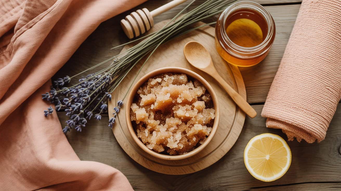 A bowl of brown sugar Natural Foot Scrub on a wooden plate, with a spoon, honey jar, half a lemon, honey dipper, sprigs of lavender, and peach towels on a rustic wooden surface—perfect for DIY soft feet.