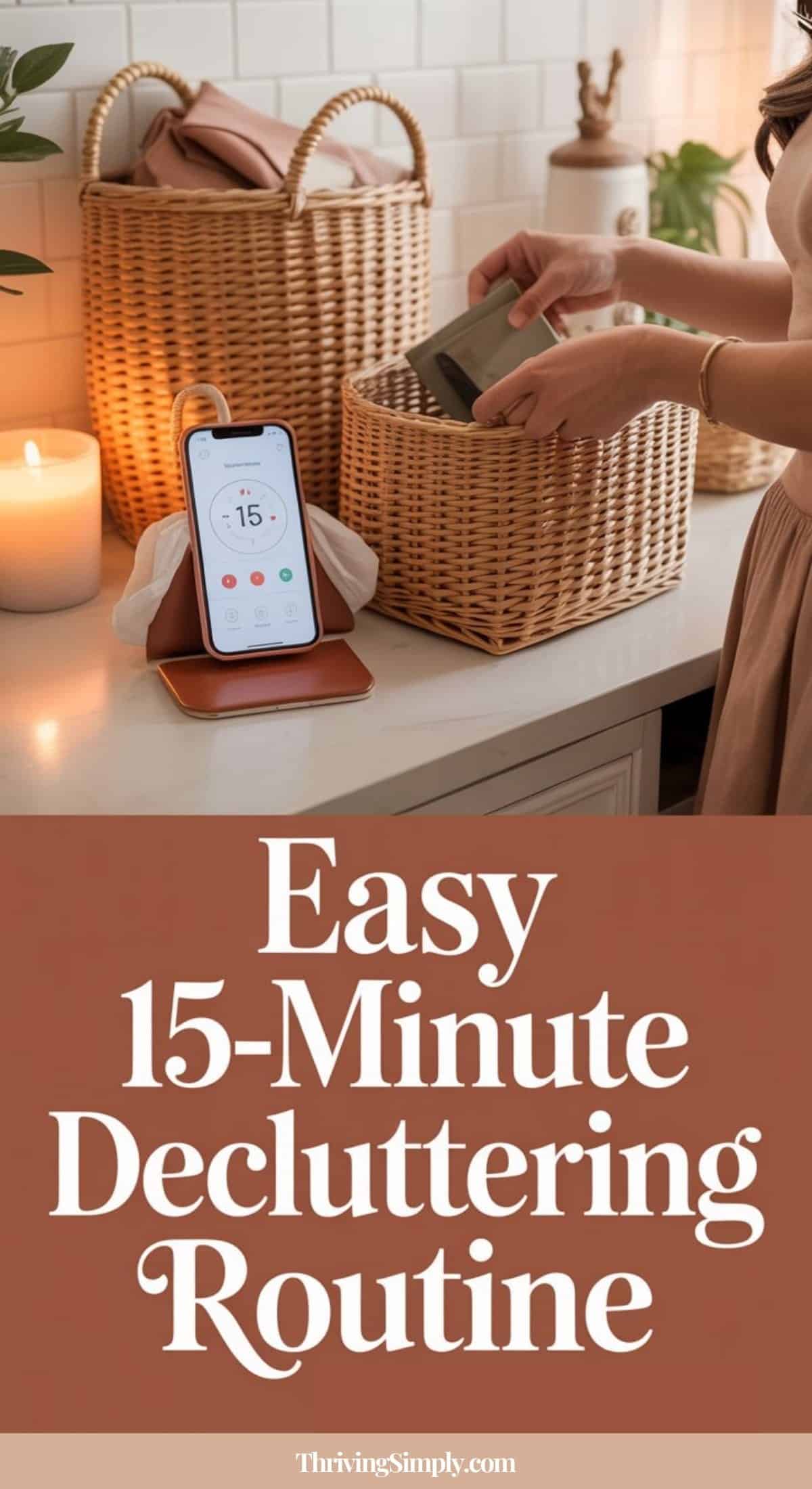 A person places items into a wicker basket on a kitchen counter beside a lit candle and a phone set to 15 minutes. Text reads: Easy 15-Minute Decluttering Routine—your stress-free decluttering routine at ThrivingSimply.com.
