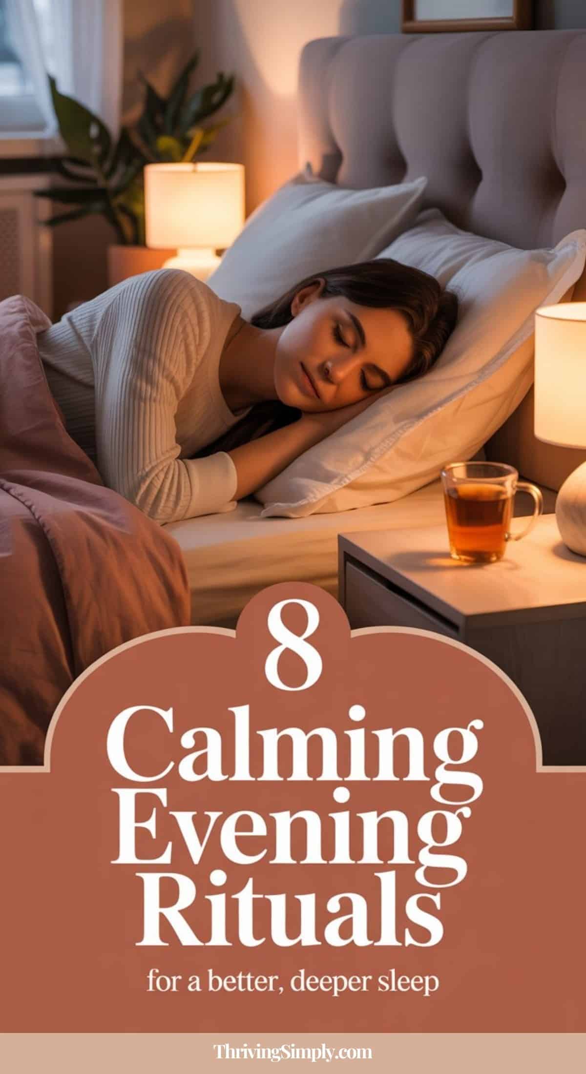 A woman sleeps peacefully in a cozy, softly lit bedroom with a cup of tea on the bedside table. Text reads: 8 Calming Evening Rituals for better sleep and deeper rest. ThrivingSimply.com.
