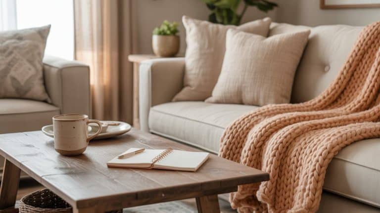 A cozy living room featuring a beige sofa with plush pillows and a chunky knit blanket, a wooden coffee table with a mug, plate, and open notebook—perfect for jotting down Tiny Habits as part of your New Year Reset in the soft natural light.