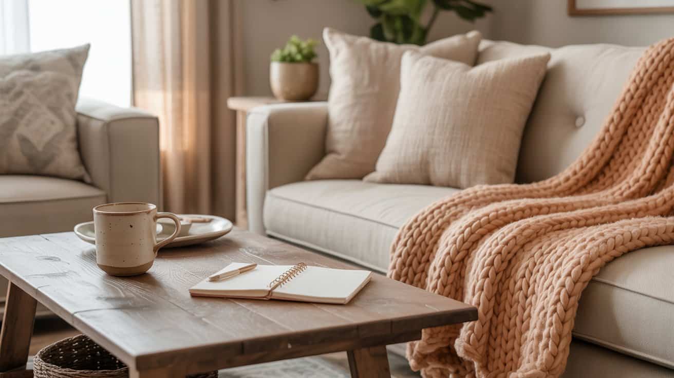 A cozy living room featuring a beige sofa with plush pillows and a chunky knit blanket, a wooden coffee table with a mug, plate, and open notebook—perfect for jotting down Tiny Habits as part of your New Year Reset in the soft natural light.