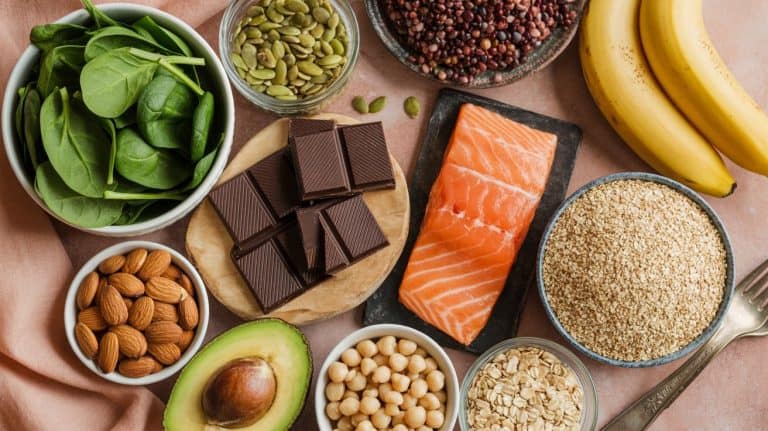 A variety of magnesium rich foods displayed on a table, including fresh spinach, pumpkin seeds, red lentils, bananas, dark chocolate, salmon, almonds, avocado, chickpeas, oats, and sesame seeds.