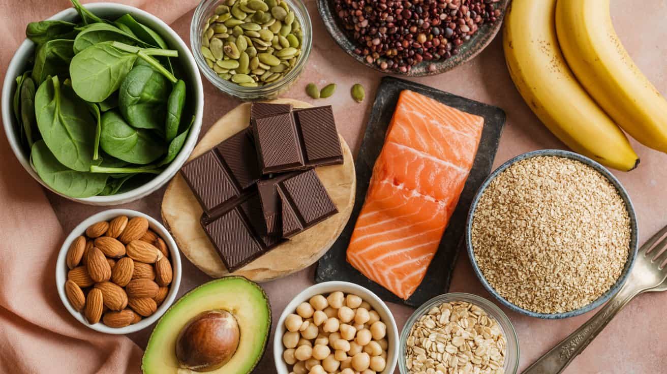 A variety of magnesium rich foods displayed on a table, including fresh spinach, pumpkin seeds, red lentils, bananas, dark chocolate, salmon, almonds, avocado, chickpeas, oats, and sesame seeds.
