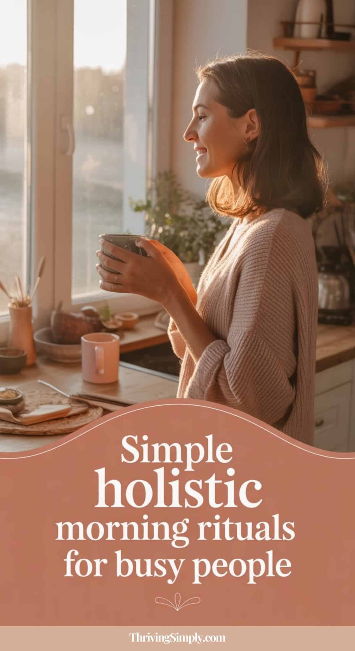 A woman stands by a sunlit kitchen window, smiling and holding a mug. Text on the image reads: Holistic morning rituals and routines for busy people. ThrivingSimply.com.