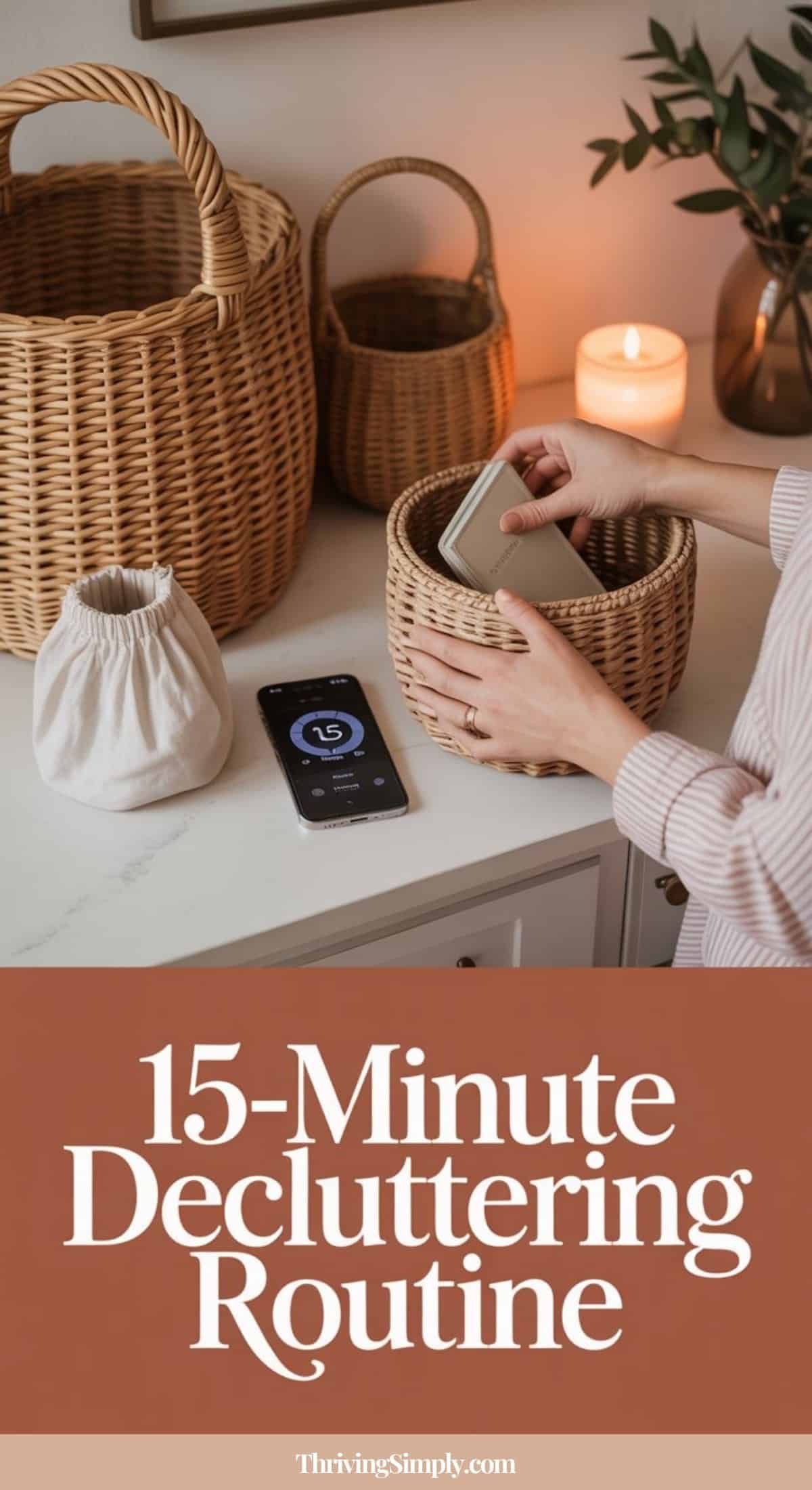 A person places a phone in a wicker basket on a countertop beside another basket, a small fabric bag, a lit candle, and a phone timer set to 15 minutes. Text below reads, 15-Minute Decluttering Routine for an easy decluttering routine.
