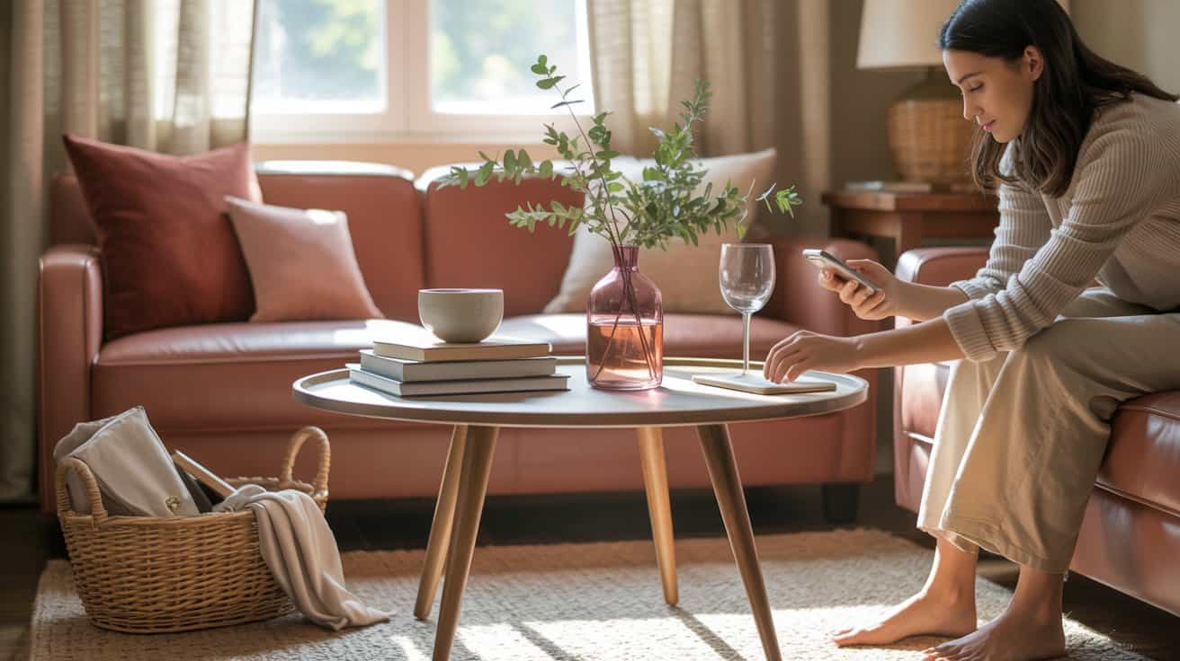 A woman sits on a pink sofa in a cozy, peaceful home, using her phone. A round coffee table with books and decor hints at her daily decluttering routine. Sunlight streams through the window, creating a calm and inviting space.