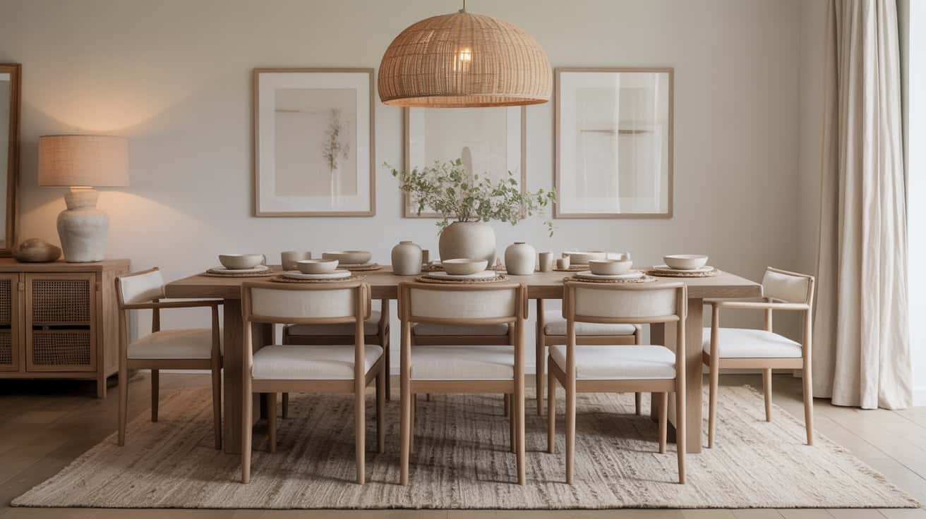 A modern dining room with a wooden table set for eight, light upholstered chairs, a woven pendant lamp, minimalist decor, neutral home tones, framed art on the wall, and natural light from a large window.