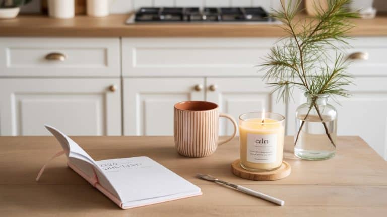 A cozy kitchen table with an open notebook for your calm list, a pink mug, a lit candle labeled calm, a small vase with green sprigs, and wooden utensils, with white cabinets and a stove in the background.