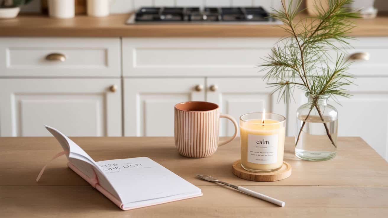 A cozy kitchen table with an open notebook for your calm list, a pink mug, a lit candle labeled calm, a small vase with green sprigs, and wooden utensils, with white cabinets and a stove in the background.