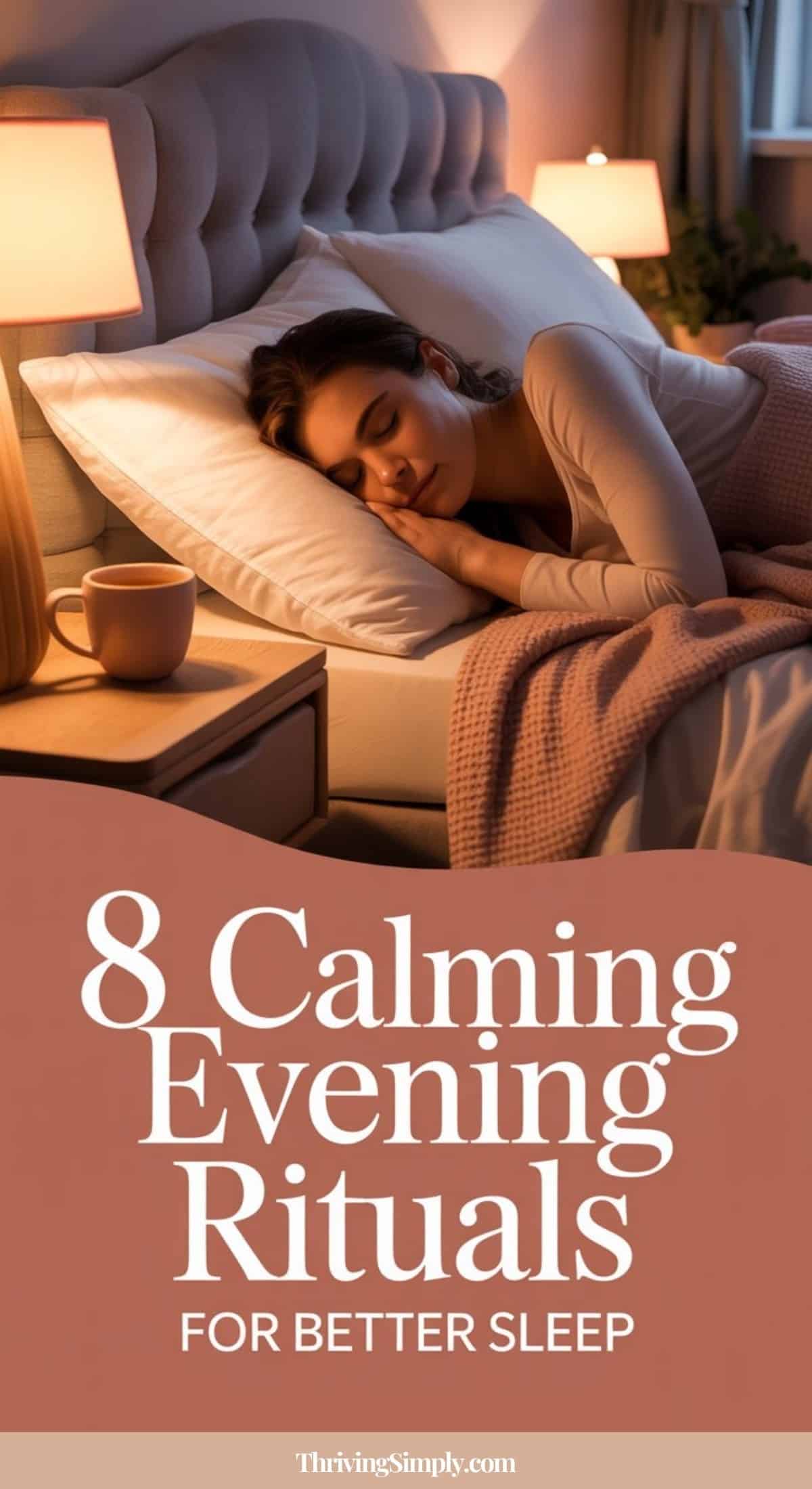 A woman sleeps peacefully in a cozy, softly lit bedroom with a mug on the bedside table. Text overlay reads, “8 Calming Evening Rituals for Better Sleep.” Discover simple habits to help you relax and achieve better sleep each night.