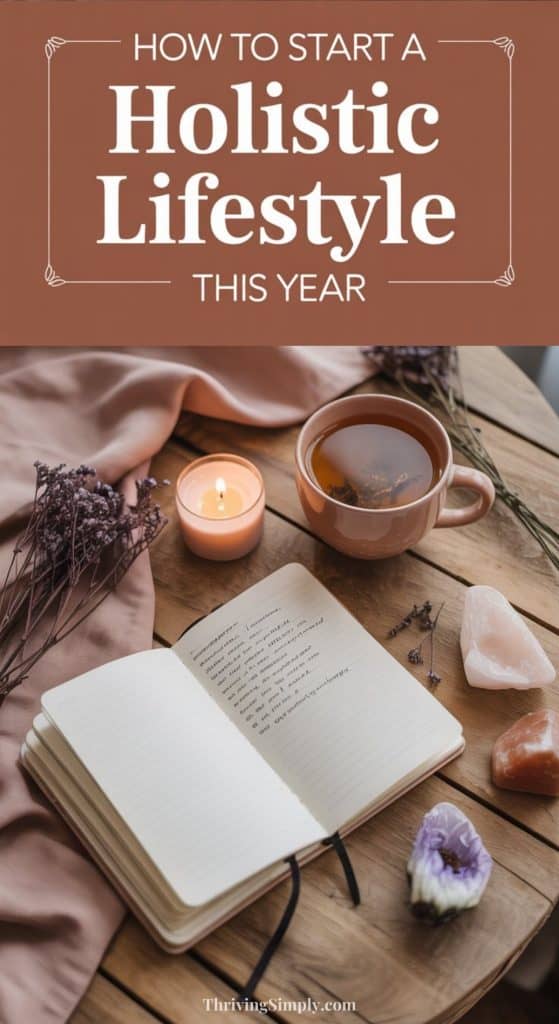 A journal, cup of tea, candle, crystals, and dried flowers are arranged on a wooden table, with text above reading “How to Start a Holistic Lifestyle This Year”—perfect inspiration for your holistic lifestyle journey.