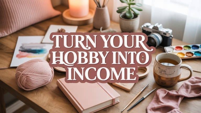 A cozy desk with art supplies, yarn, a camera, coffee, and a notebook sits by a window. Overlaid text reads: Low-pressure hobbies can become your next source of income.