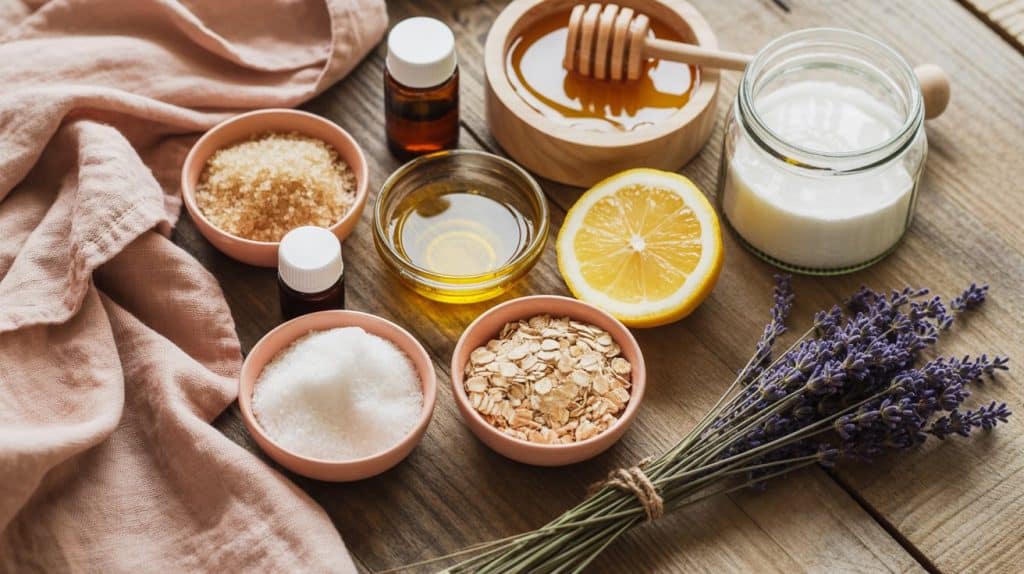 A flat lay of natural skincare ingredients on a wooden table, perfect for creating a DIY foot scrub. Honey, lemon, oats, sugar, oil, cream, and lavender invite you to pamper yourself and reveal silky feet. A pink cloth adds a soft touch to the scene.