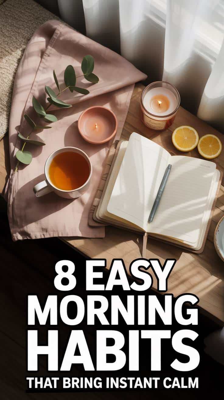 A cozy morning scene with tea, candles, sliced lemon, and an open journal with a pen on a wooden table, bathed in sunlight through curtains. Text reads: “8 Easy Morning Habits That Bring Instant Calm.”.