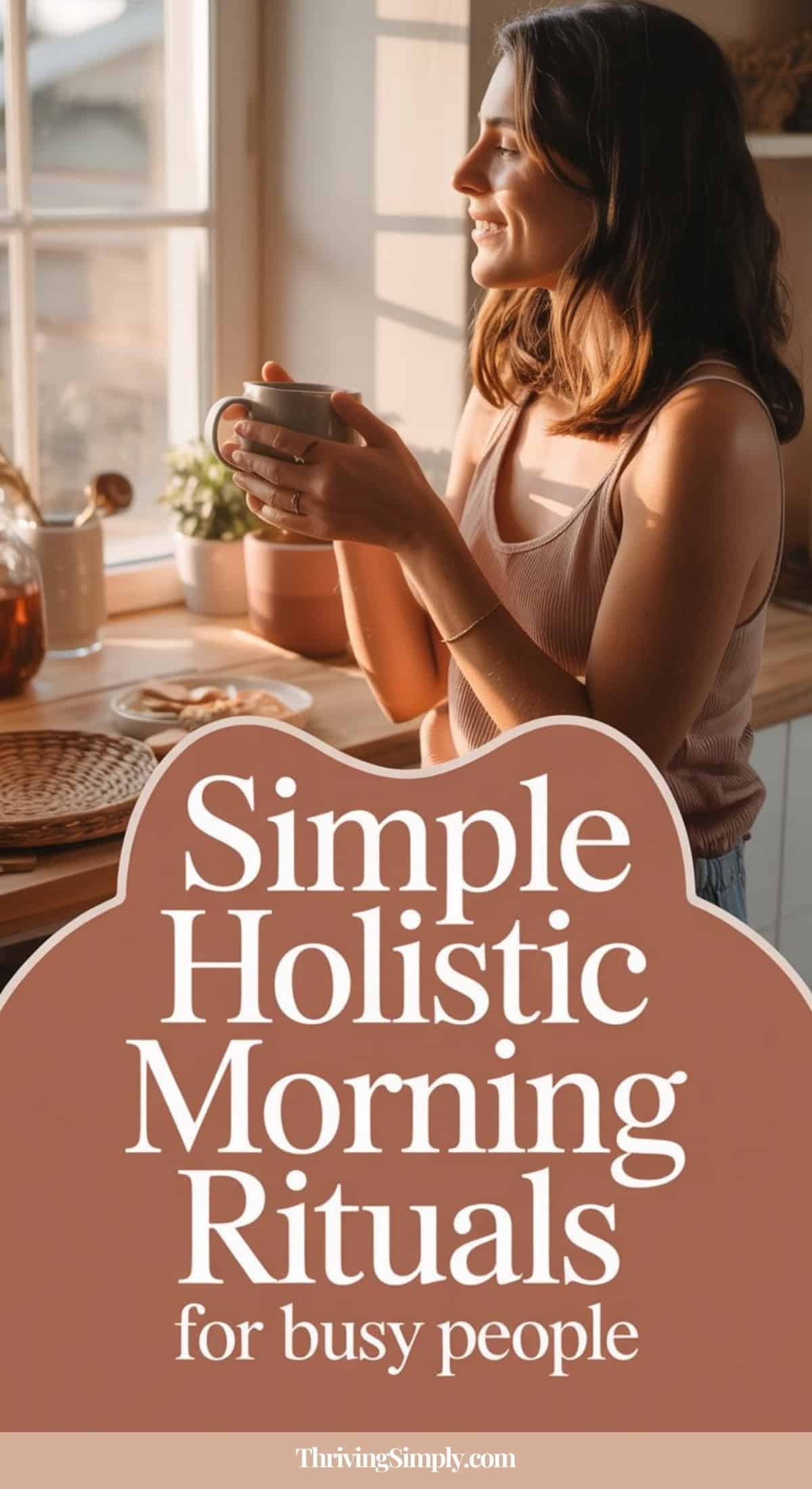 A woman sits by a sunny window holding a mug, smiling peacefully. The text overlay reads: Morning routines and simple holistic morning rituals for busy people.