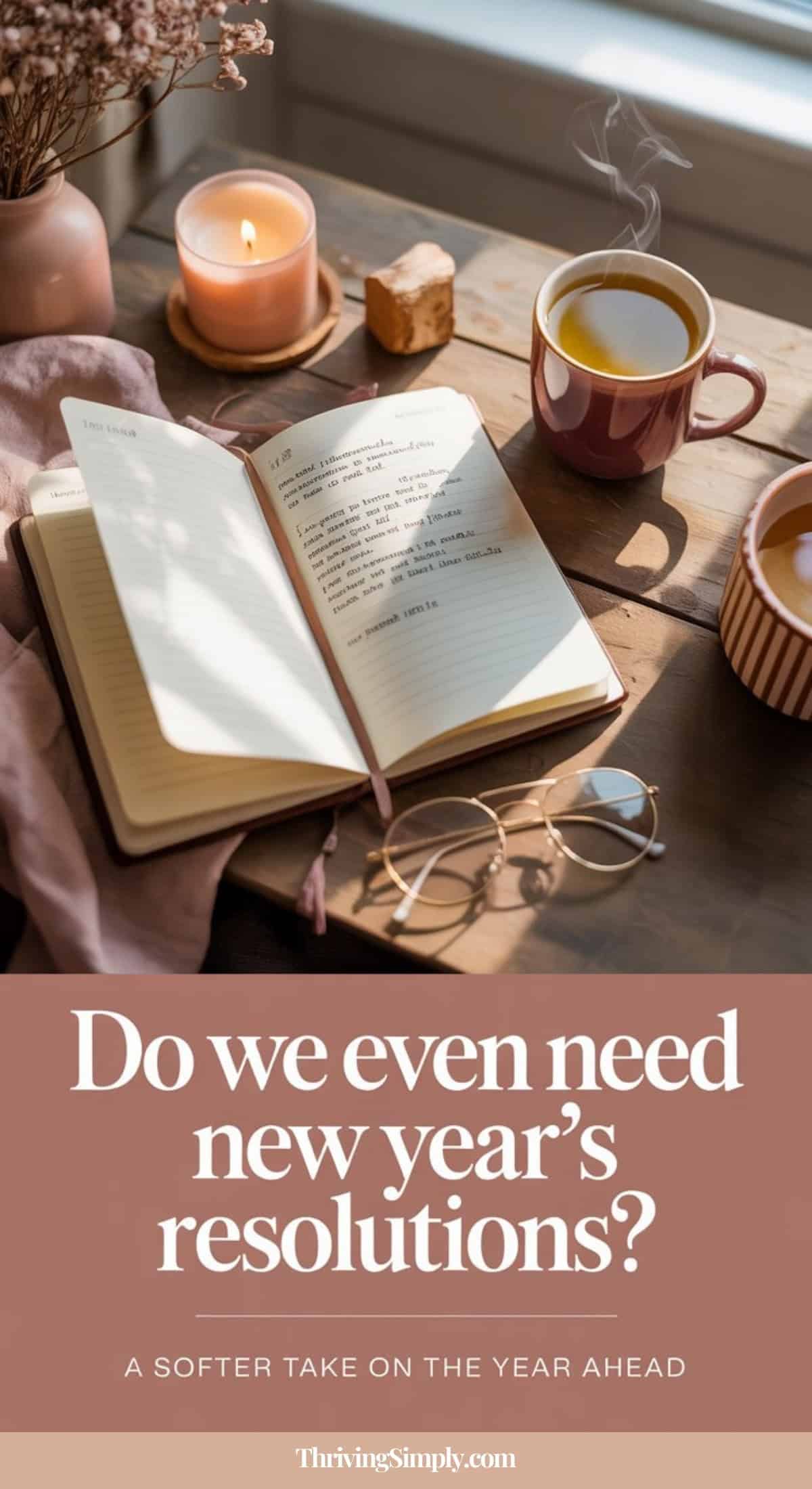 An open notebook, candles, warm drinks, and glasses rest on a wooden table in cozy sunlight. Text below reads, A softer approach to New Year’s Resolutions—do we even need them? Reflect gently on the year ahead.