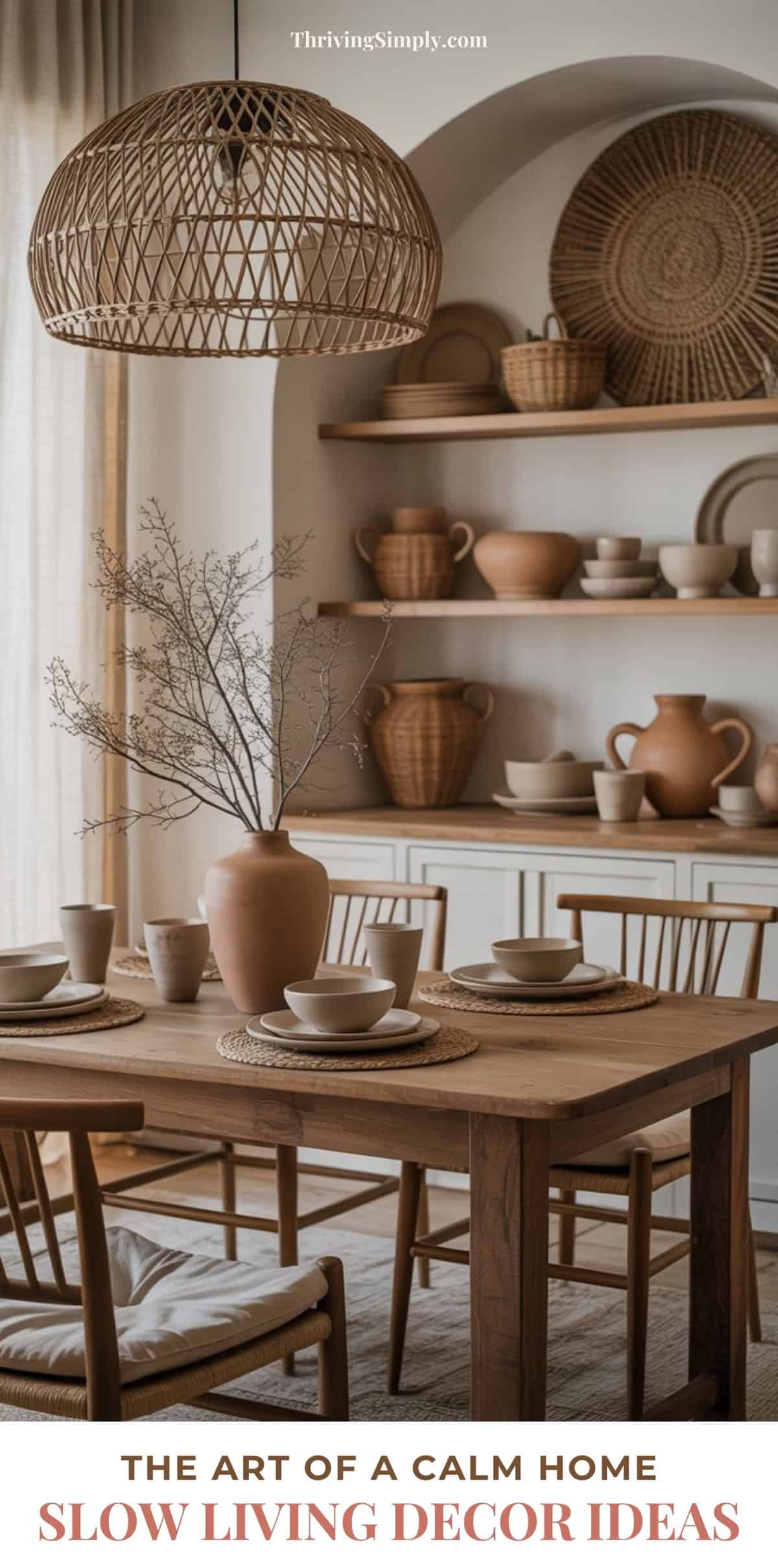 A dining room with wooden furniture, neutral-toned ceramics, and woven pendant light embraces slow living decor. Soft natural light highlights the earthy, calm atmosphere, with dried branches in a clay vase as a centerpiece.