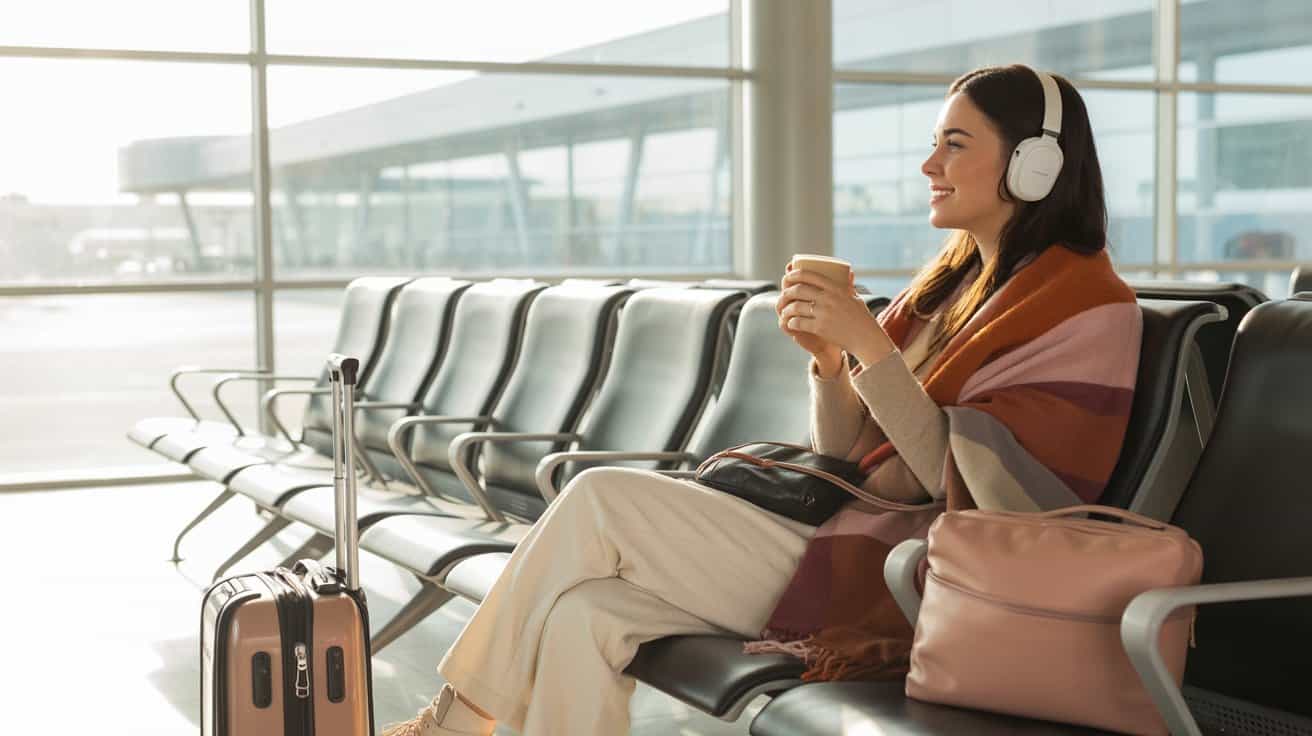 A woman wearing headphones and a shawl sits in an airport terminal, holding a cup and smiling. A suitcase and a pink bag are beside her—a moment of quick relaxation amid holiday travel, with large windows showing an airport building outside.