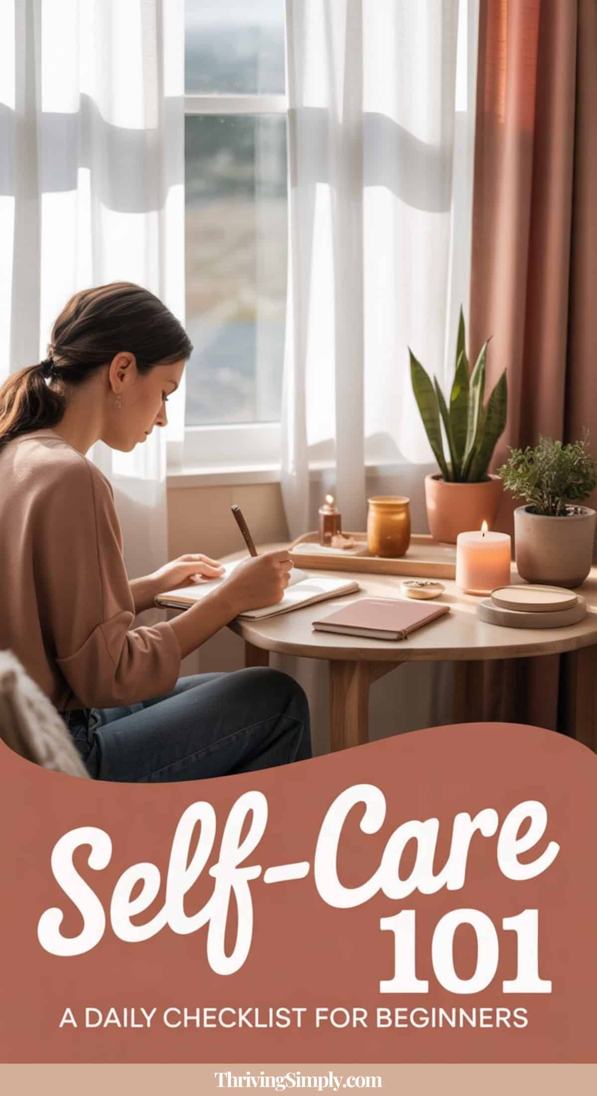 A woman sits at a table by a window, journaling with a candle, potted plants, and a cup nearby. Text reads: Self-Care 101: A daily self-care checklist for beginners.