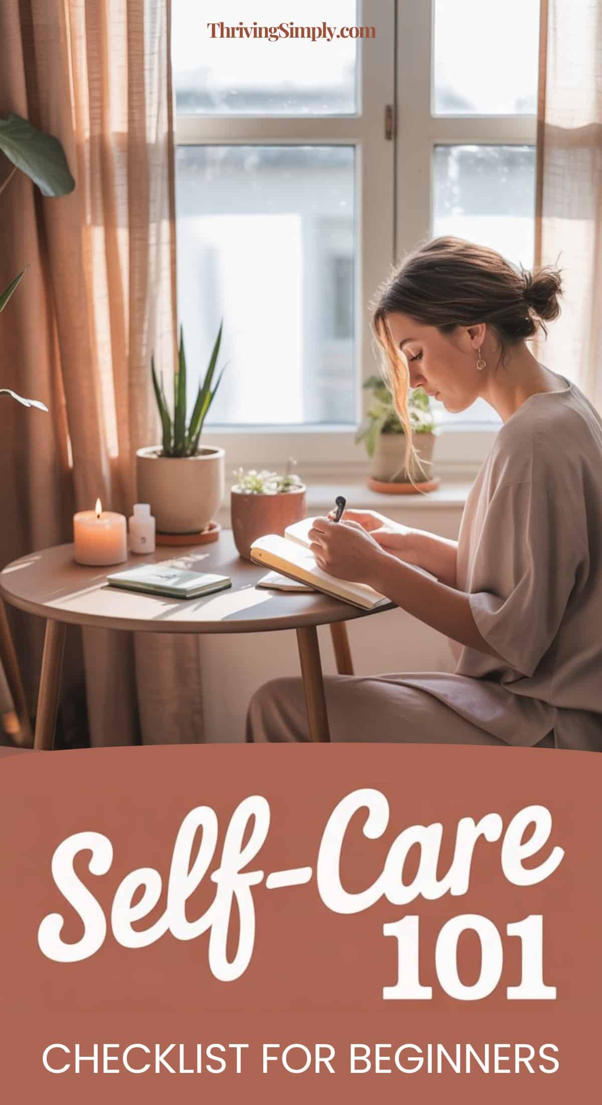 A woman sits at a round table by a window, writing in a notebook with plants and books nearby. Text reads: Self-Care 101—your daily self-care checklist for beginners.
