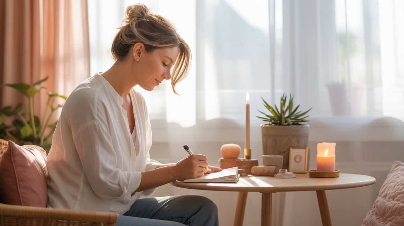 A woman sits on a chair by a round table, writing in her notebook as part of her daily self care routine. The table holds a lit candle, potted plant, and crystals. Soft sunlight filters through sheer curtains, creating a warm, peaceful atmosphere.