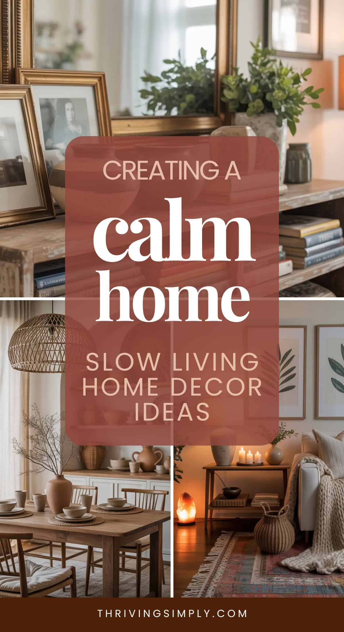 A collage of cozy, minimalist home interiors featuring wooden furniture, plants, framed art, and neutral-toned decor. Text overlay reads: Creating a calm home. Slow living decor ideas for a mindful space. thrivingsimply.com.