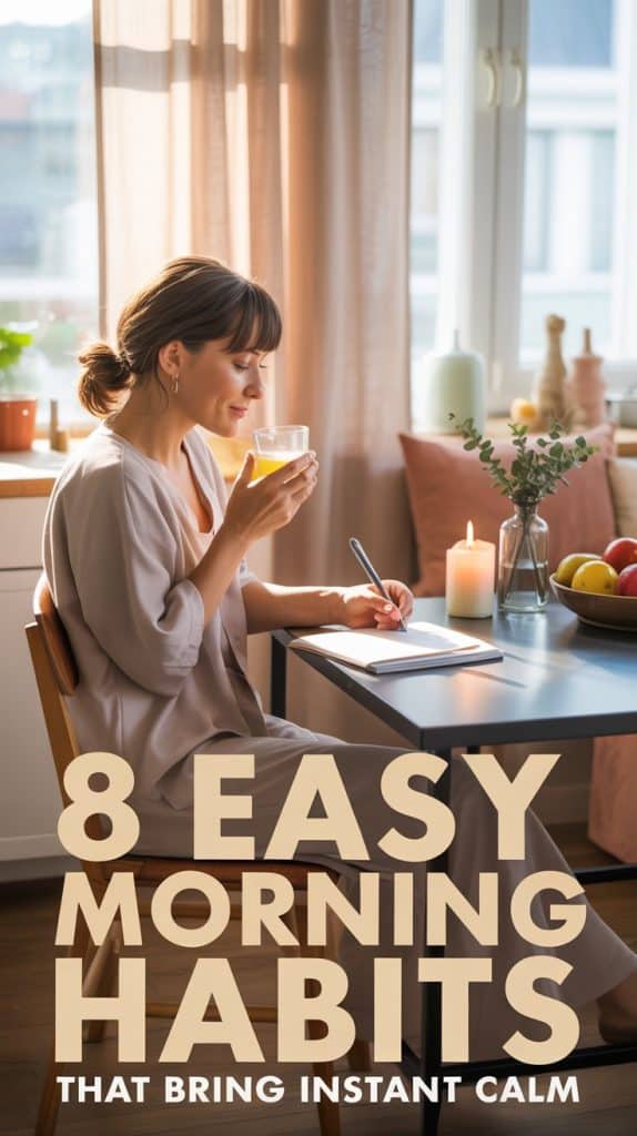 A woman sits at a kitchen table by a window, enjoying water and writing in her notebook. Surrounded by a candle, vase of flowers, and bowl of fruit, she practices calming morning habits. Text reads: 8 Easy Morning Habits That Bring Instant Calm.
