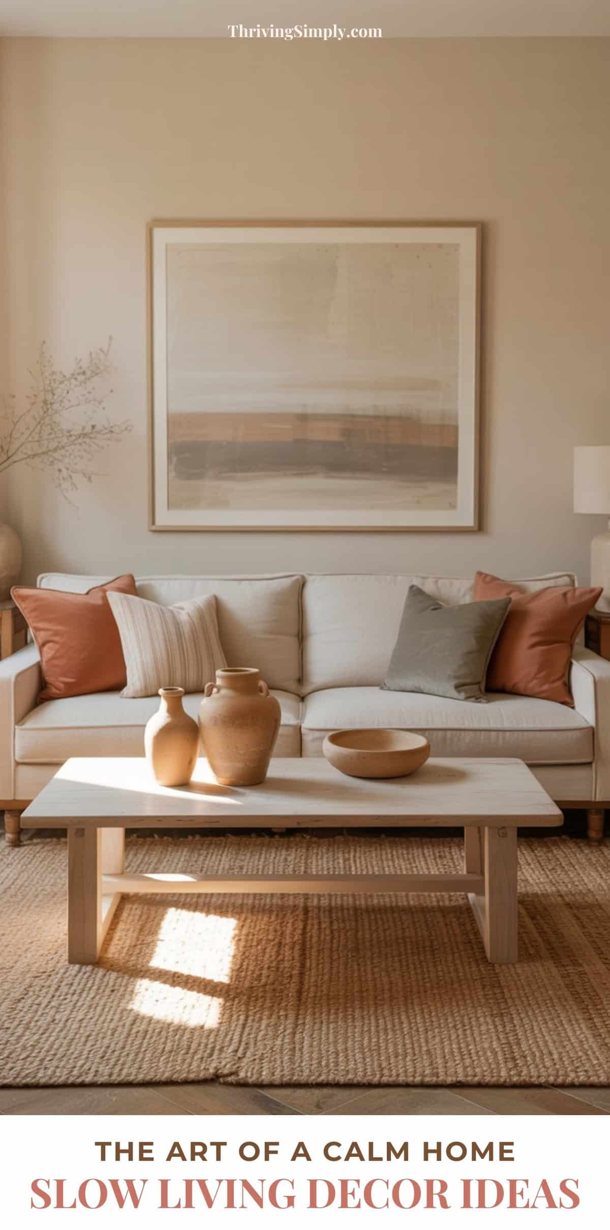 A cozy living room with a beige sofa, rust and cream cushions, a large abstract painting, and a wooden coffee table with clay vases creates a calm, minimalist space. Text reads: Slow Living Decor Ideas for embracing slow living decor in your home.