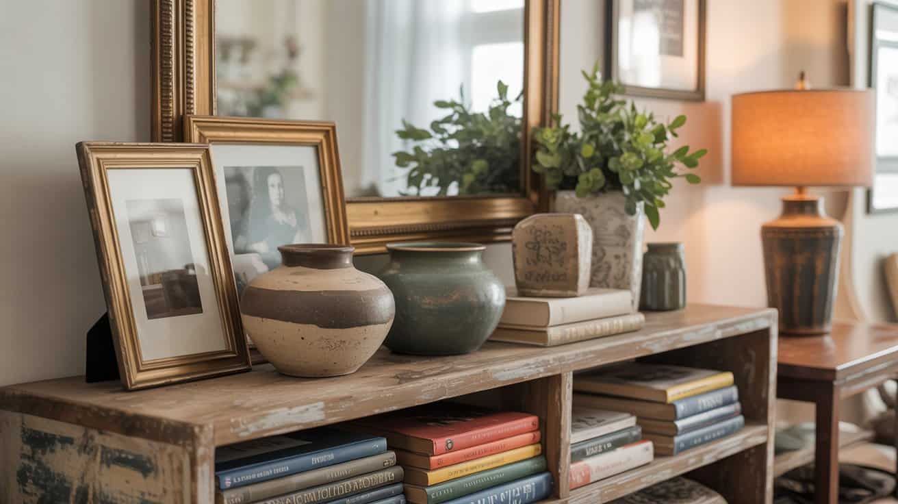 A wooden bookshelf with colorful stacked books, ceramic vases, framed photos, a potted plant, and a large gold-framed mirror. Slow living decor touches like a lit table lamp and wall art add warmth to the cozy, stylish living space.